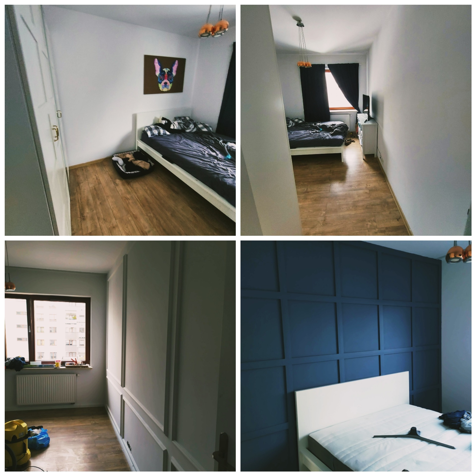 Kompozycja czterech ujęć pokoju: dwa ukazują pokój z białymi ścianami, drewnianą podłogą, łóżkiem i kolorowym obrazem psa, a dwa pozostałe prezentują ścianę z dekoracyjnymi listwami - białą...