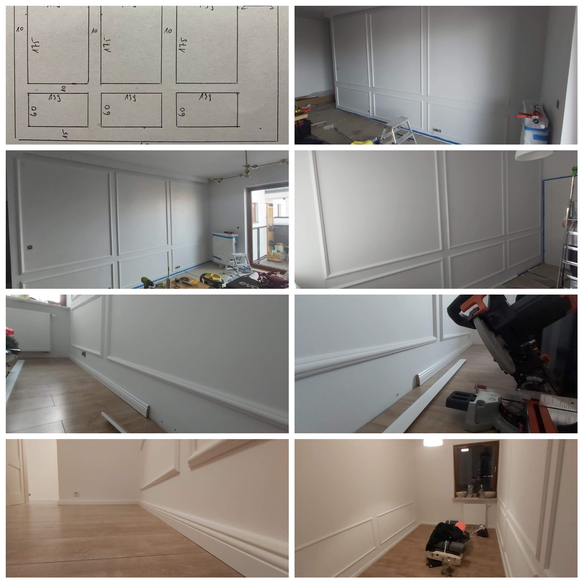 Montaż dekoracyjnych paneli ściennych z listew MDF w pomieszczeniu, widoczne narzędzia do cięcia i plan z wymiarami, etap wykończeniowy.