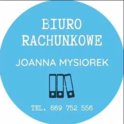 Logo biura rachunkowego Joanna Mysiorek na błękitnym tle, z trzema czarnymi segregatorami i numerem telefonu.
