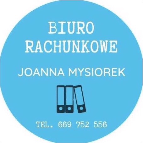 Logo biura rachunkowego Joanna Mysiorek na błękitnym tle, z trzema czarnymi segregatorami i numerem telefonu.
