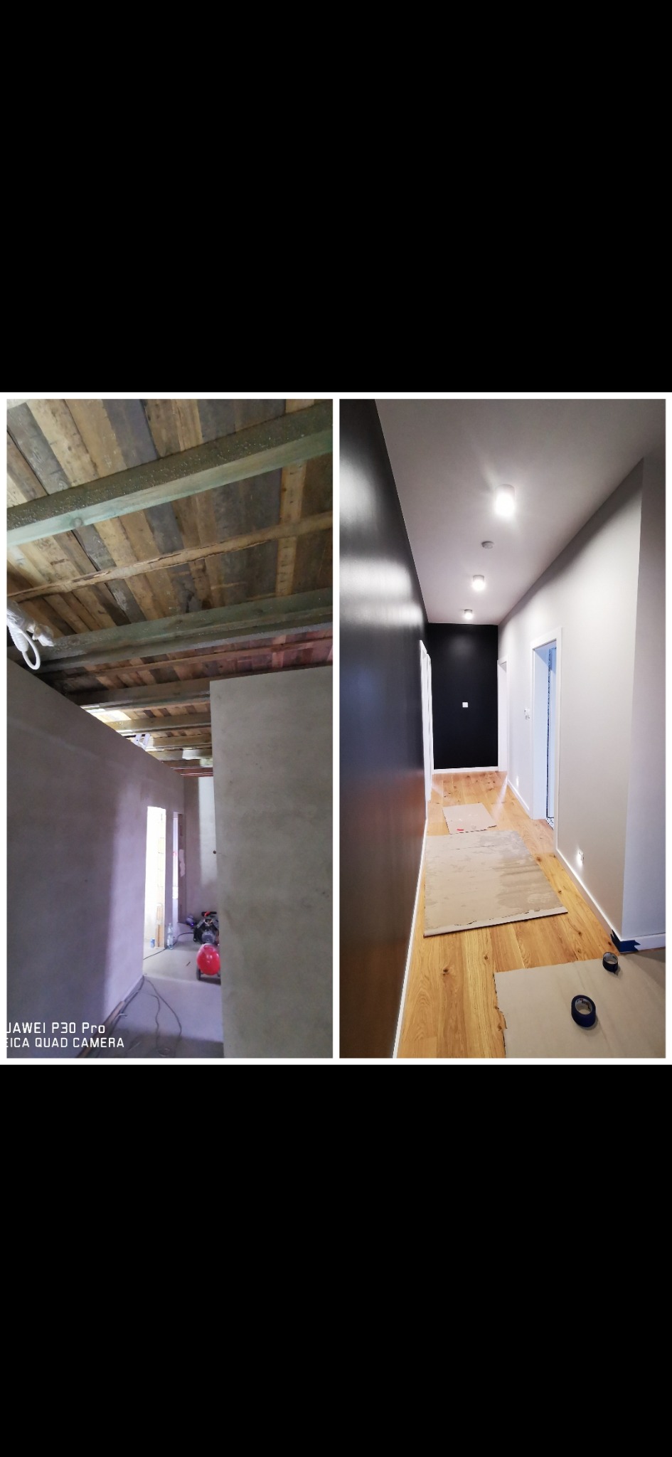 Korytarz w trakcie remontu: po lewej surowe ściany po szpachlowaniu, widoczne drewniane belki stropu; po prawej wykończony fragment z pomalowanymi ścianami w odcieniach szarości, drewnianą podłogą...