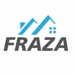 Logo firmy z niebieskim symbolem dachu i szarym napisem 'FRAZA'.
