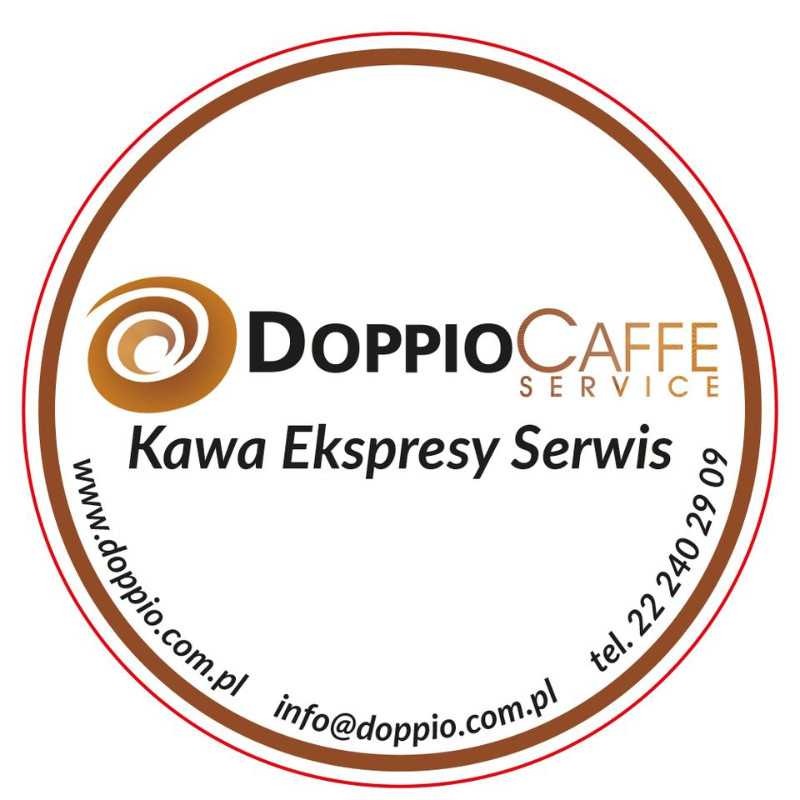 Okrągłe logo serwisu ekspresów do kawy Doppio Caffe Service z adresem strony internetowej i numerem telefonu.