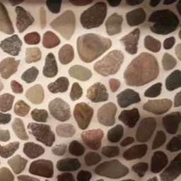 Dekoracyjna ściana wykończona drobnymi, naturalnymi kamieniami w różnych odcieniach brązu, szarości i beżu, osadzonymi w jasnej zaprawie.