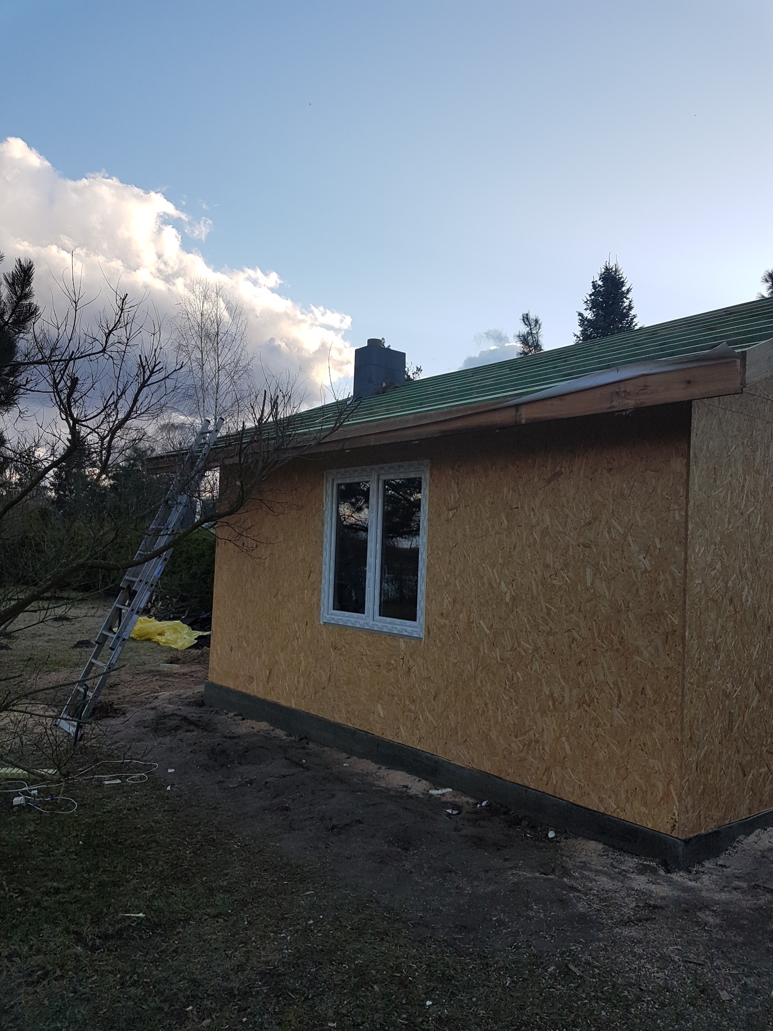 Budynek w stanie surowym zamkniętym, obity płytami OSB, z oknem PCV, drabina oparta o ścianę, widok z zewnątrz, w tle drzewa i pochmurne niebo.