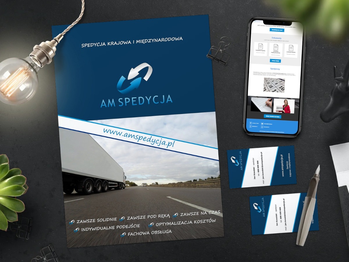 Ulotka oraz wizytówki zaprojektowane dla firmy AM SPEDYCJA