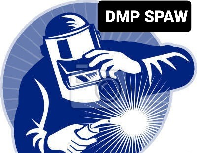 Grafika przedstawiająca postać w masce ochronnej podczas spawania, z widocznymi iskrami i napisem 'DMP SPAW' w górnym rogu.