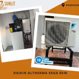 Zestawienie dwóch zdjęć: wewnętrzna instalacja grzewcza z zbiornikami oraz zewnętrzna jednostka Daikin Altherma Erga 8kW na czarnej metalowej podstawie, z naklejką 10 lat gwarancji i adresem www.