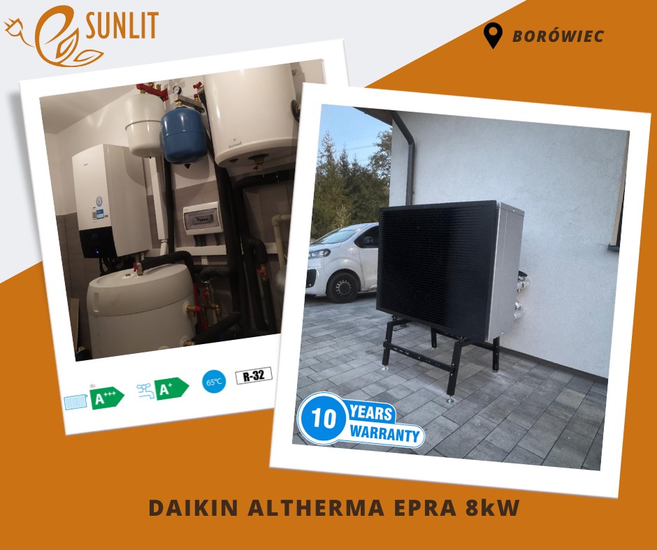 Daikin Altherma EPRA 8kW. Zewnętrzna jednostka pompy ciepła na metalowym stelażu, obok biały samochód. W tle instalacja wewnętrzna: zbiornik buforowy, zasobnik CWU, naczynia przeponowe...