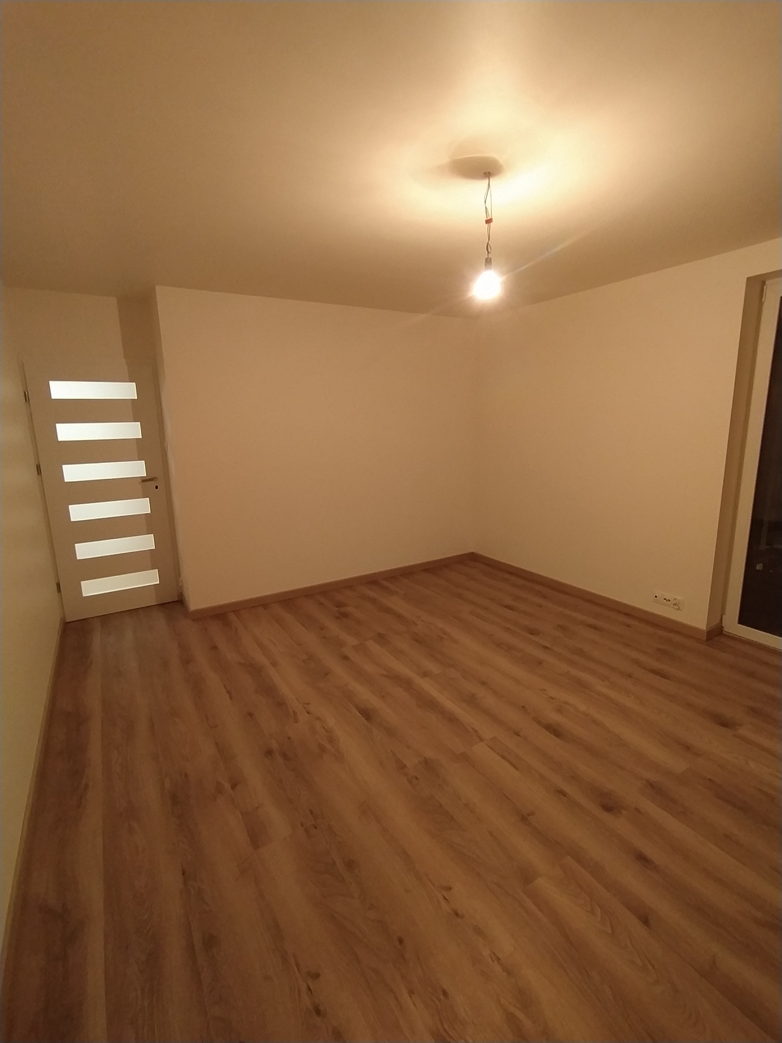 Puste, jasne pomieszczenie z nową podłogą z paneli, białymi ścianami, białymi drzwiami z poziomymi przeszkleniami i gołą żarówką wiszącą na kablu.