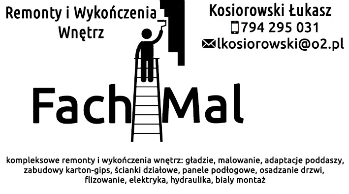 Czarno-białe logo firmy remontowej 'Fach Mal' z sylwetką malarza na drabinie, kontakt telefoniczny i e-mail, oraz spis oferowanych usług remontowych.