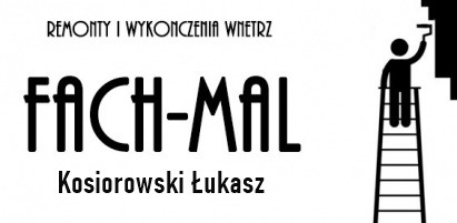 Logo firmy Fach-Mal z Krakowa, oferującej remonty i wykończenia wnętrz, z sylwetką malarza na drabinie.