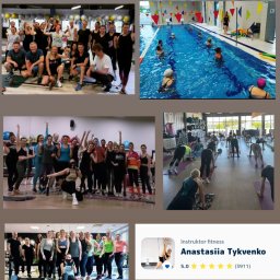 Trener Personalny - Mozaika zdjęć z zajęć fitness: różnorodne grupy ćwiczących w salach, na basenie i w plenerze. Widoczna radość i zaangażowanie uczestników.
