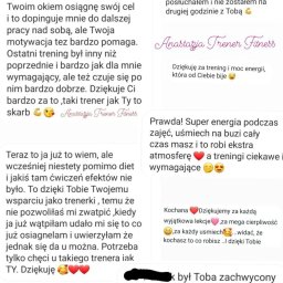 Trener Personalny - Zrzut ekranu z pozytywnymi opiniami klientów o trenerce fitness, podkreślającymi motywację, energię i efekty treningów. Widoczne podziękowania za wsparcie i osiągnięcia.