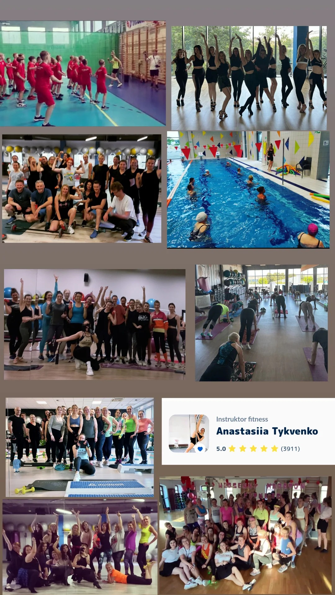 Mozaika zdjęć z zajęć fitness: różnorodne grupy ćwiczących w salach, na basenie i w plenerze. Widoczna radość i zaangażowanie uczestników.