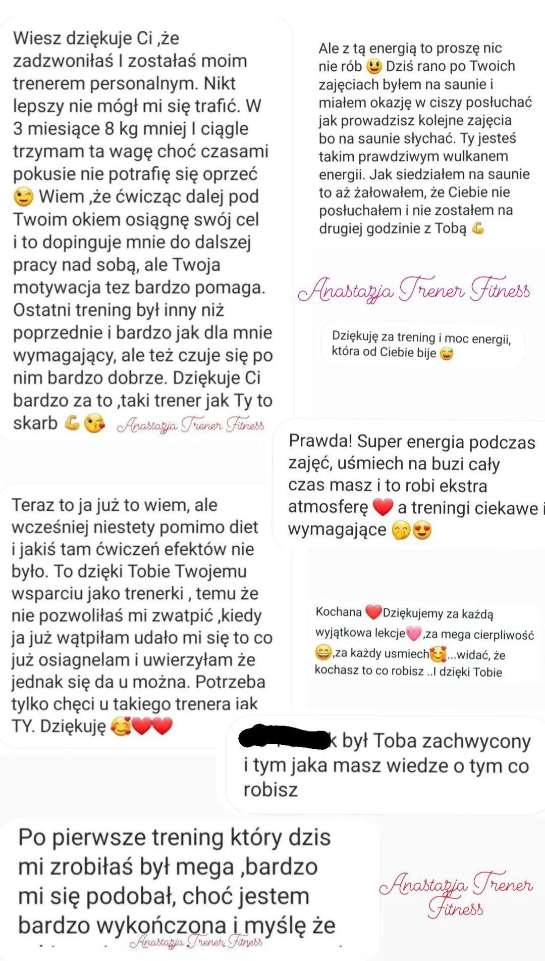 Zrzut ekranu z pozytywnymi opiniami klientów o trenerce fitness, podkreślającymi motywację, energię i efekty treningów. Widoczne podziękowania za wsparcie i osiągnięcia.