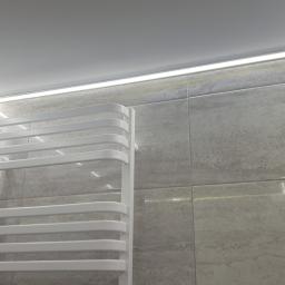 Dim proekt - Nowoczesna łazienka z szarymi płytkami imitującymi kamień, podświetlonym sufitem i białym grzejnikiem drabinkowym.