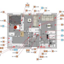 Dim proekt - Rzut z góry mieszkania z naniesionymi wymiarami i rozmieszczeniem punktów elektrycznych, gniazdek i oświetlenia.