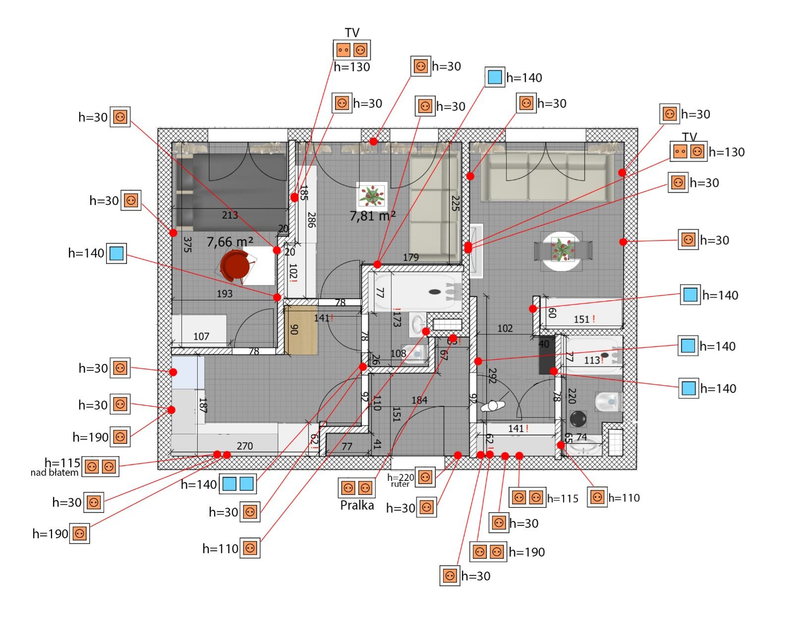 Rzut z góry mieszkania z naniesionymi wymiarami i rozmieszczeniem punktów elektrycznych, gniazdek i oświetlenia.