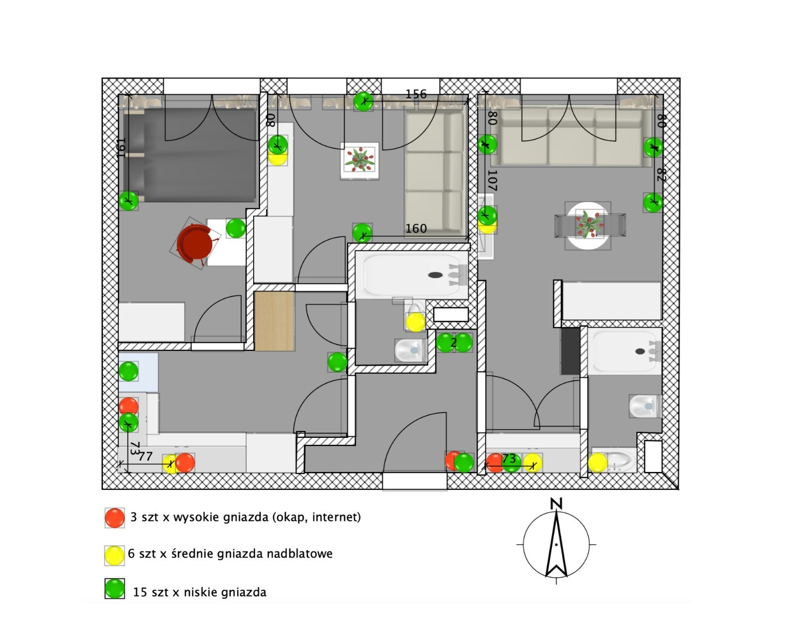 Schemat instalacji elektrycznej mieszkania, plan z rozmieszczeniem gniazdek niskich, średnich i wysokich, legenda z opisem rodzajów gniazdek.