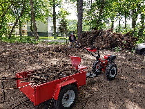 Czerwony traktorek z przyczepką wypełnioną gałęziami na rozjeżdżonym terenie po wycince drzew, w tle stos korzeni i pracownik.