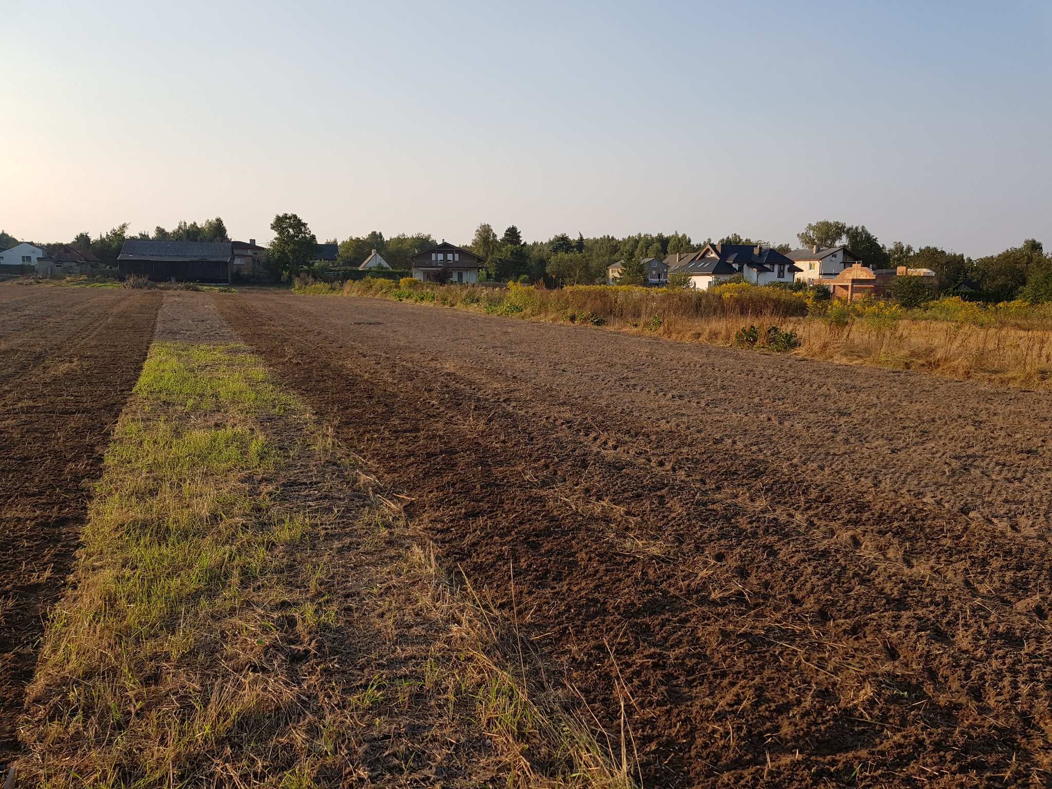 Zaorane pole w wiejskim krajobrazie z widocznymi domami w tle i pasem zielonej trawy po lewej stronie.