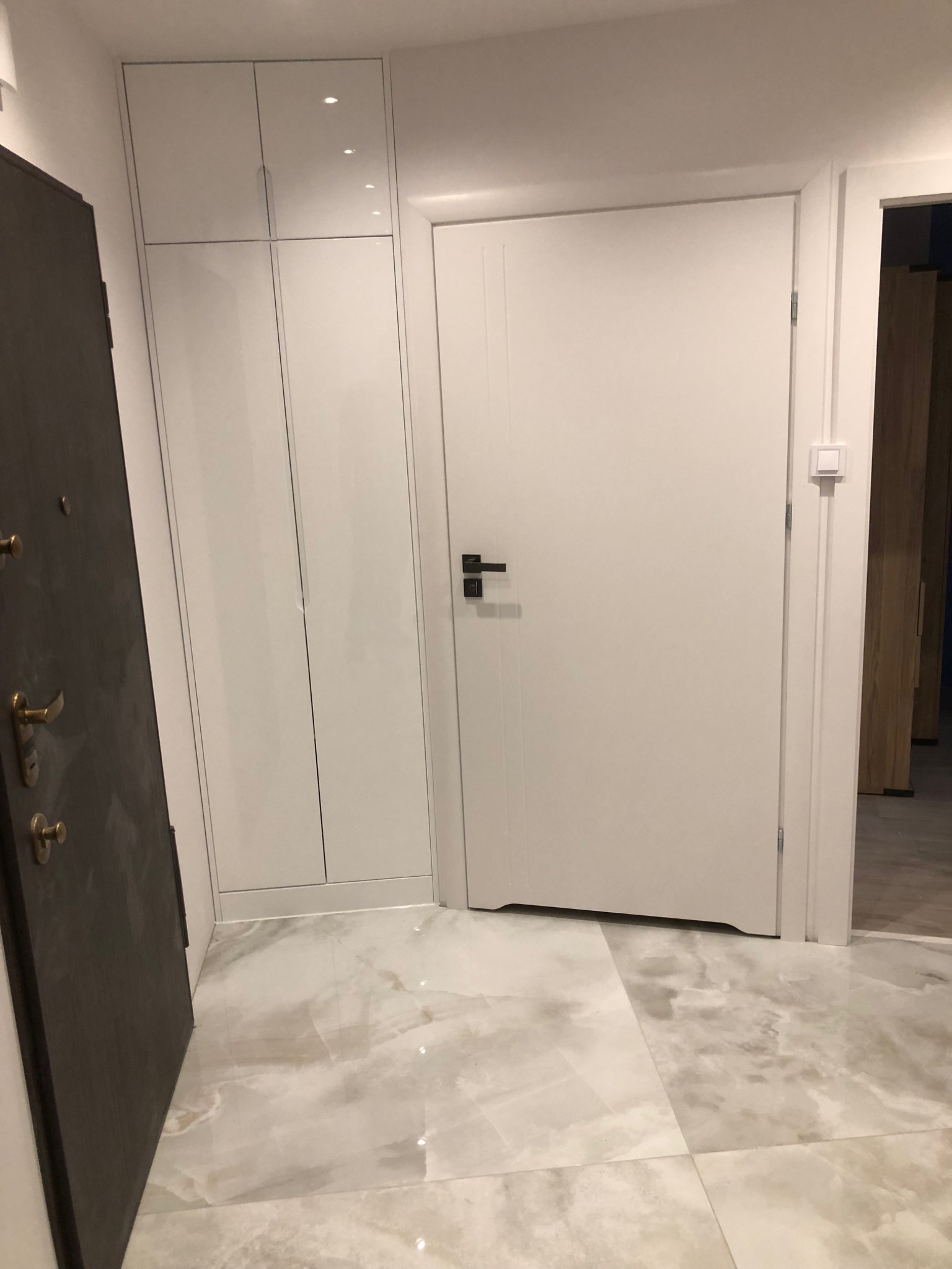 Nowoczesny przedpokój z białymi, lakierowanymi szafami w zabudowie, białą wewnętrzną stolarką drzwiową z czarną klamką i marmurową posadzką w odcieniach bieli i szarości, widoczna również część...