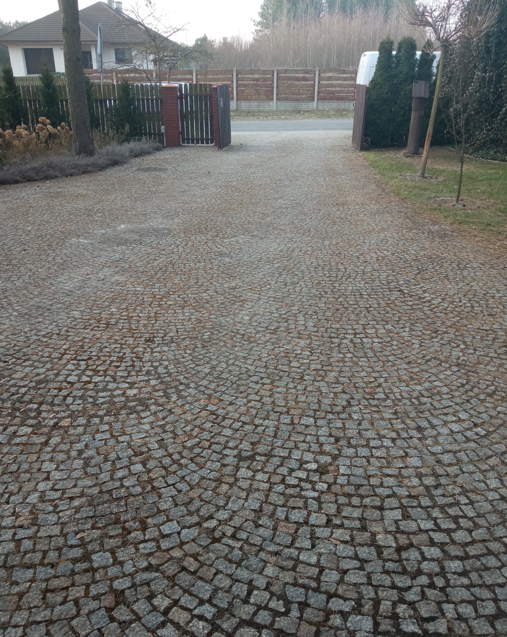 Ułożona kostka brukowa na podjeździe w kierunku otwartej bramy wjazdowej, widoczne liście i igliwie między kostkami.