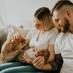 Młoda para siedzi na kanapie w salonie, trzymając noworodka; obok nich siedzą dwa buldogi francuskie, jeden z nich dotykany przez kobietę.