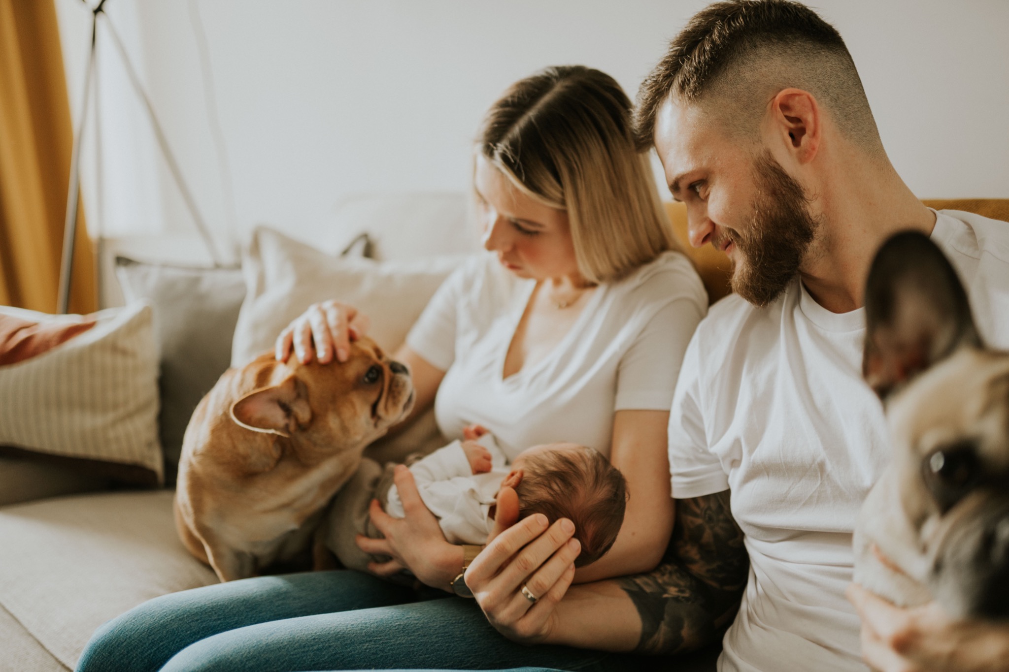 Młoda para siedzi na kanapie w salonie, trzymając noworodka; obok nich siedzą dwa buldogi francuskie, jeden z nich dotykany przez kobietę.