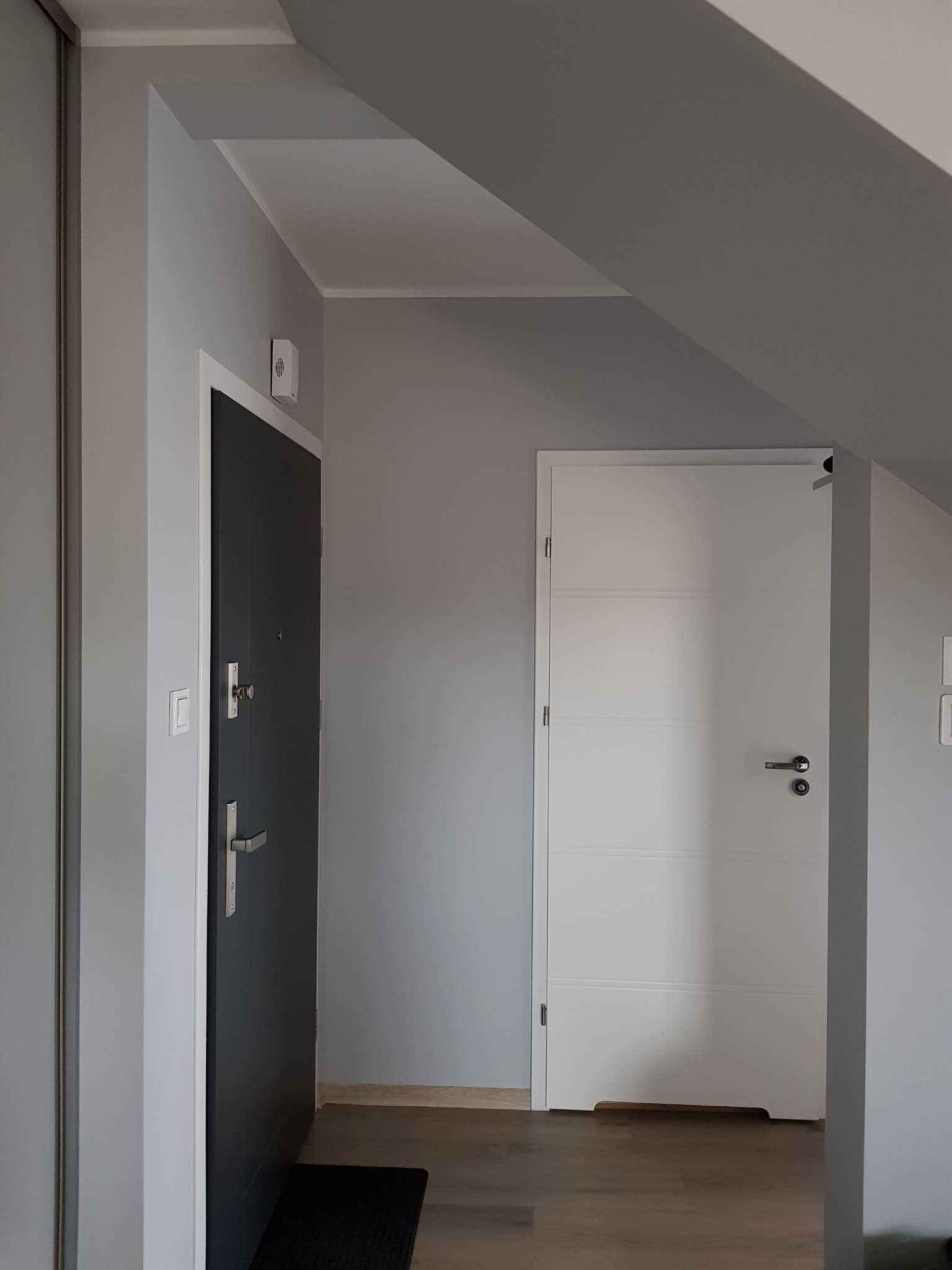 Szare wnętrze z dwiema parami drzwi: ciemnoszare antywłamaniowe z srebrną klamką i białe z poziomymi frezami, drewnopodobna podłoga i czarna wycieraczka.