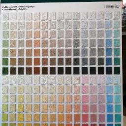 Ekspozycja pr&oacute;bek tynk&oacute;w akrylowych Caparol Capatect Fassaden Putz K15 w r&oacute;żnych kolorach, ułożonych w regularnej siatce, z widocznym logo producenta i informacjami o odporności na r&oacute;żne silikony.