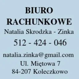 Niebieska tablica informacyjna z napisem 'BIURO RACHUNKOWE', imieniem i nazwiskiem Natalia Skrodzka - Zinka, numerem telefonu, adresem e-mail oraz adresem firmy: Ul. Miętowa 7, Koleczkowo.