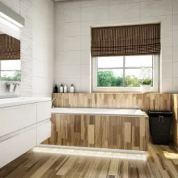 Wizualizacja łazienki z drewnianymi akcentami: wanna obudowana panelami, pralka obok toalety, biała szafka z umywalką, okno z roletą rzymską i drewniana podłoga.