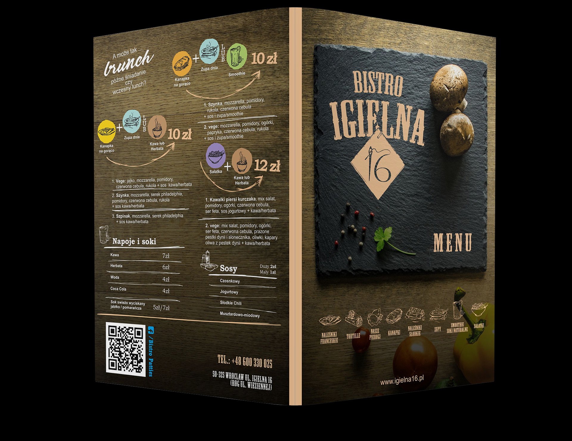 Dwustronicowe menu restauracji Bistro Igielna 16, prezentujące ofertę brunchu, napojów, sosów i dań głównych, z elementami dekoracyjnymi takimi jak grzyby i warzywa.