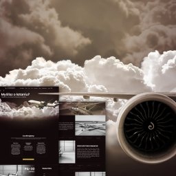 Visign Studio - Prezentacja strony internetowej z motywem lotniczym na tle chmur i fragmentu samolotu, z widocznym silnikiem odrzutowym