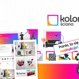 Grafika koncepcyjna prezentująca firmę oferującą druk na ścianach, z przykładami aranżacji, wizualizacją strony internetowej i humorystyczną postacią zachęcającą do skorzystania z usług.