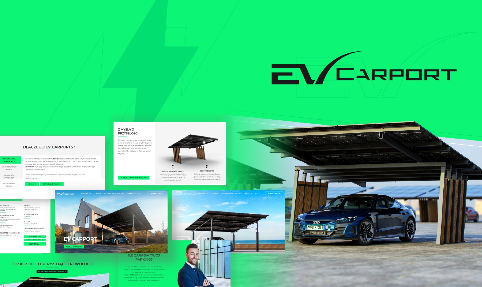 Wizualizacja carpotu z panelami słonecznymi i zaparkowanym samochodem elektrycznym Audi e-tron GT, prezentacja strony internetowej firmy EV Carport.