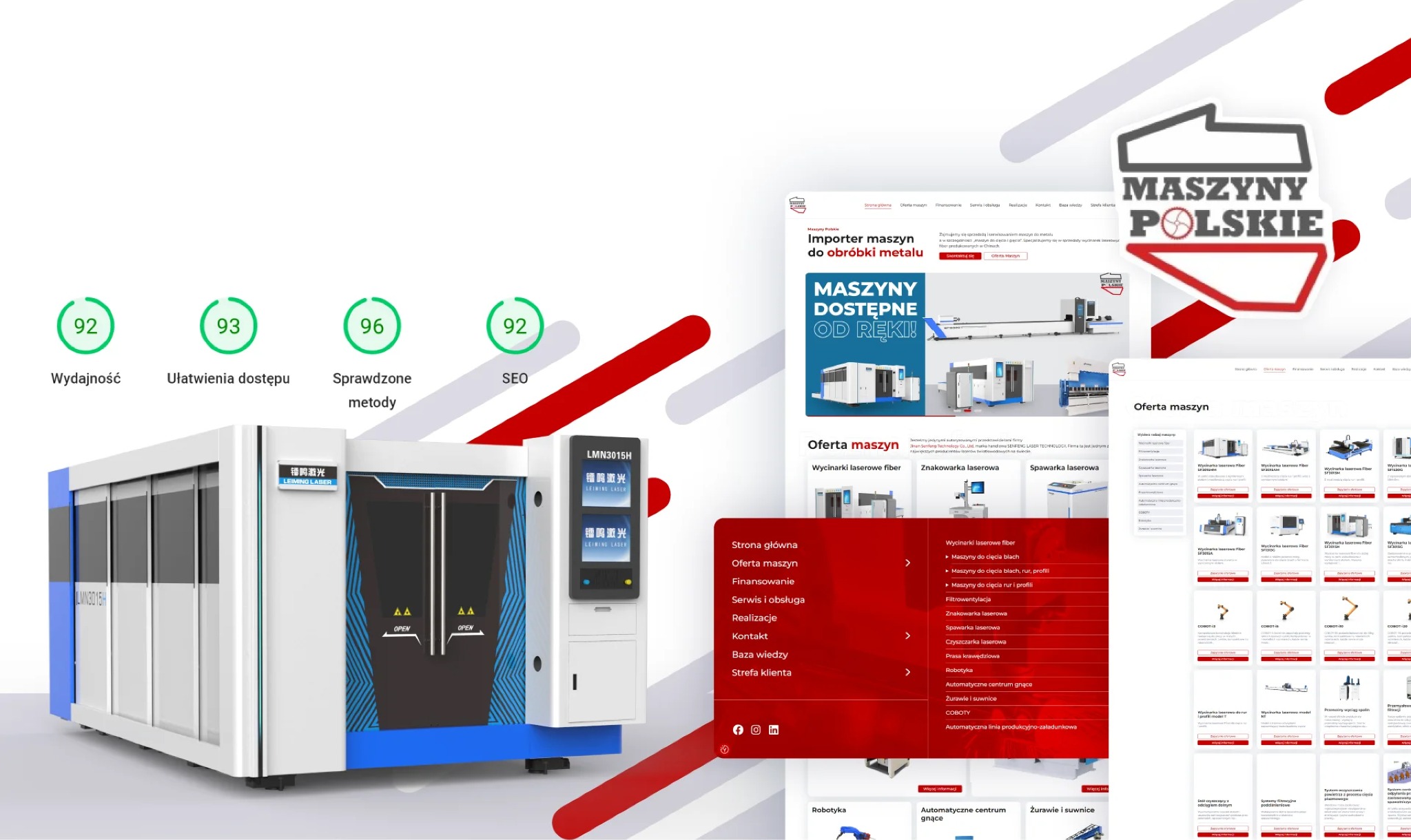 Nowoczesna maszyna laserowa do obróbki metalu z wyświetlaczem, prezentowana na stronie internetowej z ofertą maszyn, z logo firmy Maszyny Polskie w tle.