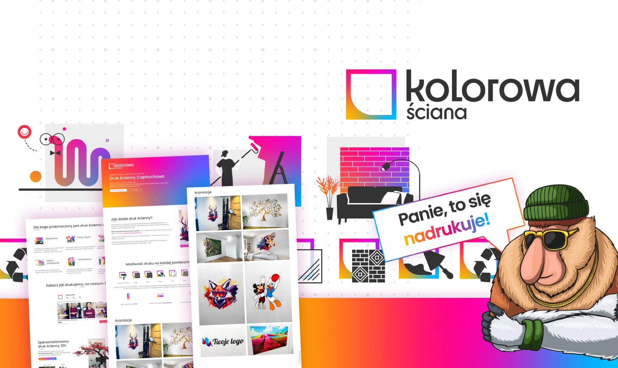 Grafika koncepcyjna prezentująca firmę oferującą druk na ścianach, z przykładami aranżacji, wizualizacją strony internetowej i humorystyczną postacią zachęcającą do skorzystania z usług.