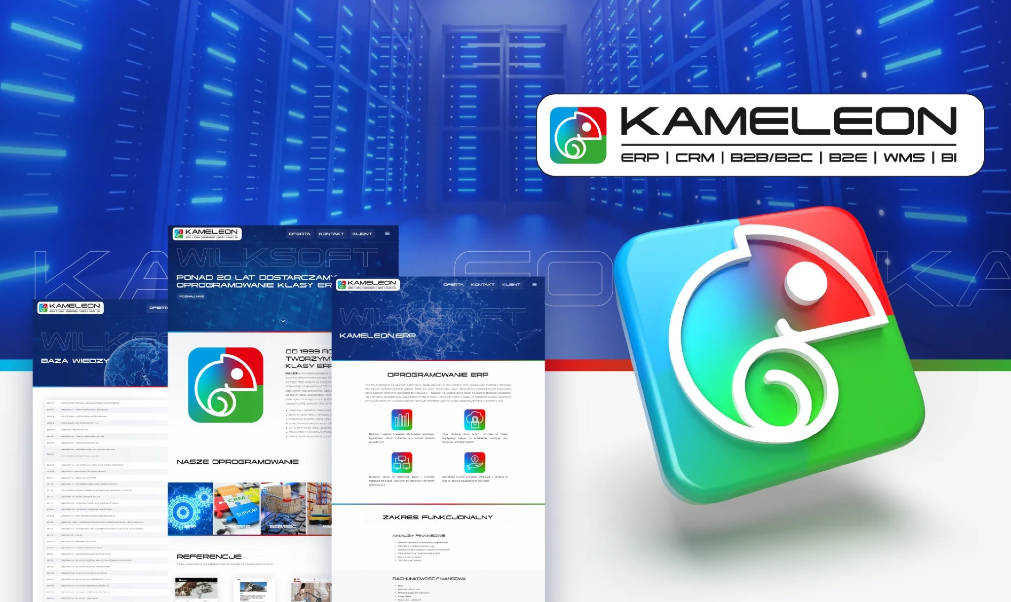 Kompozycja prezentująca stronę internetową firmy informatycznej z logo kameleona na tle serwerowni, podkreślająca doświadczenie w dostarczaniu oprogramowania ERP, CRM, B2B/B2C, B2E, WMS i BI.