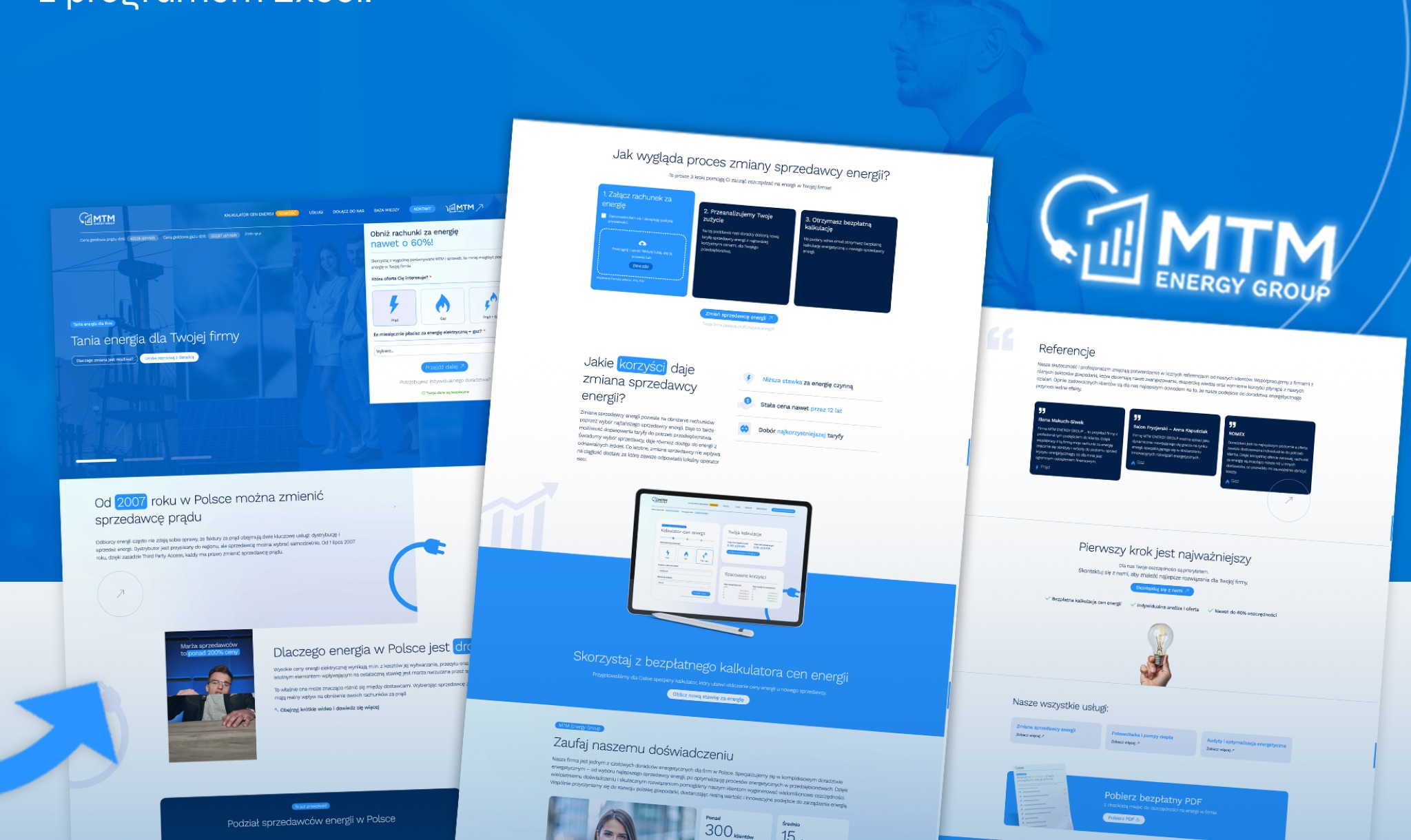 Projekt strony internetowej firmy z branży energetycznej, prezentujący kalkulator oszczędności, referencje i ofertę zmiany sprzedawcy energii.