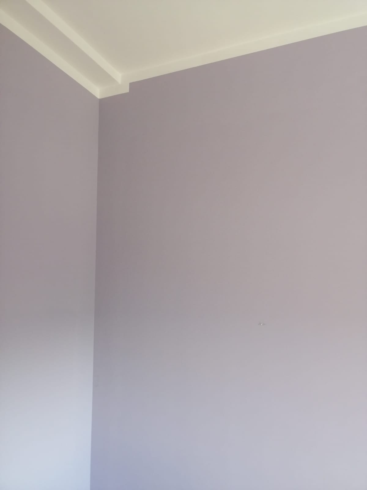 Ściana w odcieniach fioletu z białym, ozdobnym wykończeniem sufitowym w rogu pokoju.