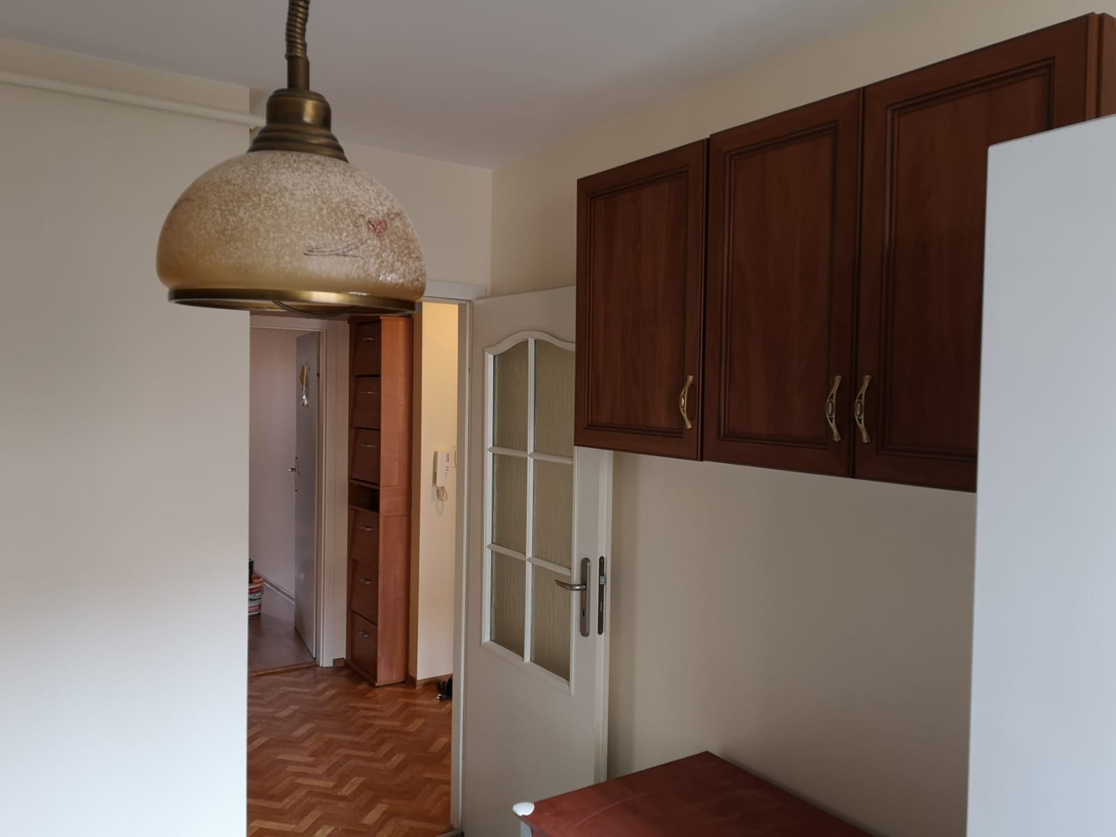 Wnętrze mieszkania z ciemnymi szafkami kuchennymi, lampą wiszącą w stylu retro i widokiem na pokój z drewnianą podłogą w jodełkę.