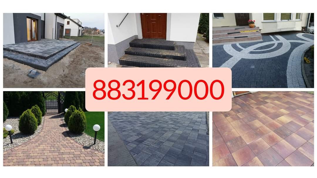 Kompozycja zdjęć prezentujących różne aranżacje przestrzeni z wykorzystaniem kostki brukowej: taras z dwoma stopniami, schody wejściowe z ciemnej kostki, ścieżka z jasnej kostki prowadząca do bramy...