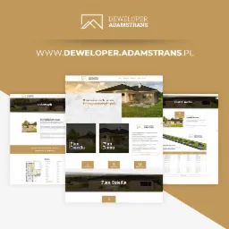 Prezentacja strony internetowej dewelopera Adamstrans z wizualizacjami osiedla domów, rzutami budynków i planami zagospodarowania przestrzennego.