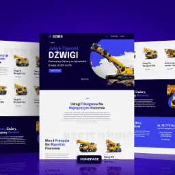 Strona internetowa firmy JF-Dźwig prezentująca usługi dźwigowe, z żółtymi dźwigami na tle błękitnego nieba, informacjami o podnoszeniu ciężarów i realizacji marzeń, oraz danymi kontaktowymi.