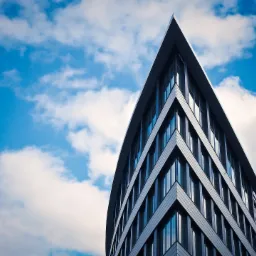 Wysoki, nowoczesny budynek biurowy o trójkątnym kształcie, widziany z dołu, z licznymi oknami odbijającymi błękitne niebo z białymi chmurami.