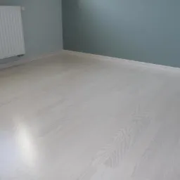 Jasne, bielone panele podłogowe ułożone w pustym pokoju z szarobłękitnymi ścianami i białym grzejnikiem.