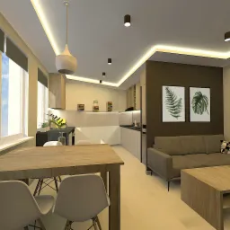 Wizualizacja wnętrza: połączona kuchnia z salonem, drewniany stół z białymi krzesłami, szara sofa z poduszką w geometryczny wzór, grafiki roślinne na ścianie, oświetlenie sufitowe LED.